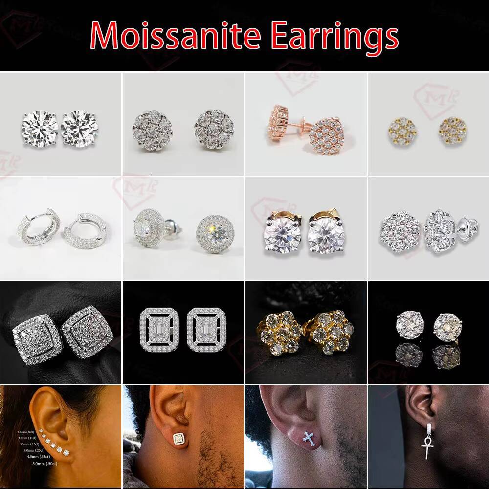 Luxury Silver 925 Yellow Gold Plated Stud Earrings Screw Back Iced Out Round Moissanite Earrings for Men