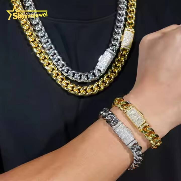 PVD Plated 14MM 316L Stainless Steel Cuban Chains 925 Silver VVS Moissanite Lock Fashion Men Hip Hop Necklace Bracelet