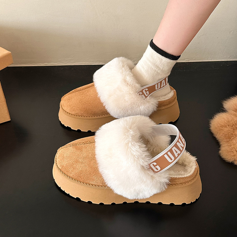 Women's Winter Platform Mules Faux Fur Lined Suede Warm Slippers New Thick-Soled Height-Increasing Snow Boots for Women Closed-Toe Suede Non-Slip