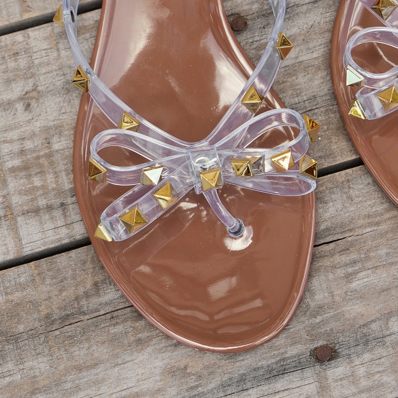 Summer New Jelly Studded Flip-Flops Women Bowknot Fashion Flat Toe Post Sandals Casual Beach Shoes