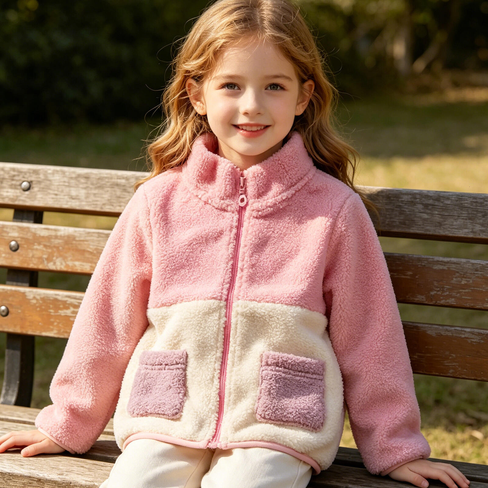 Baby Girls Color Block Sherpa Jacket, Pink & Beige Fleece Zip-Up Coat with Pockets