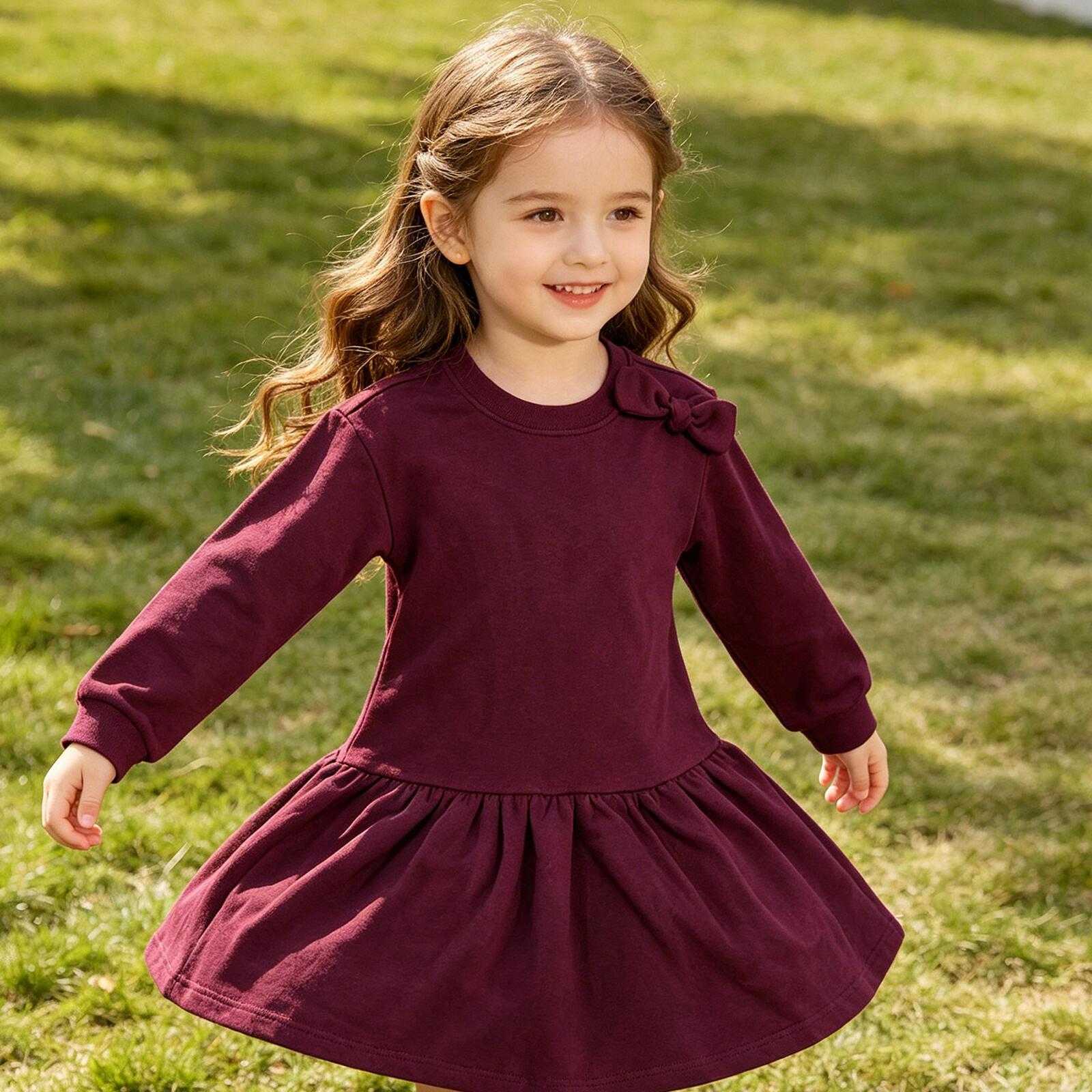 Kids Girls Burgundy Long Sleeve Dress with Bow Detail, Ruffle Hem Casual Sweatshirt Dress