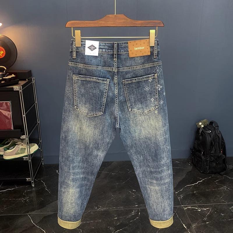 Men's Boot Cut Jeans, Blue Distressed Cotton Pants with Elastic Waist - 31 in Mid-Waist, Light-Wash Heavyweight Fabric, Exposed Hem, Skinny Fit for Ca - view 3