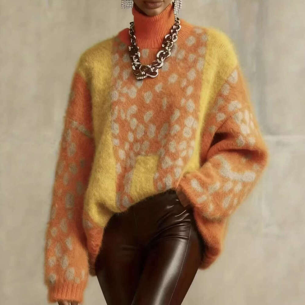 Women's Lazy Style Leopard Print Knit Sweater Fall Winter Warm Thick Loose Retro Patchwork Pullover Outerwear Tops MAKOUFEI