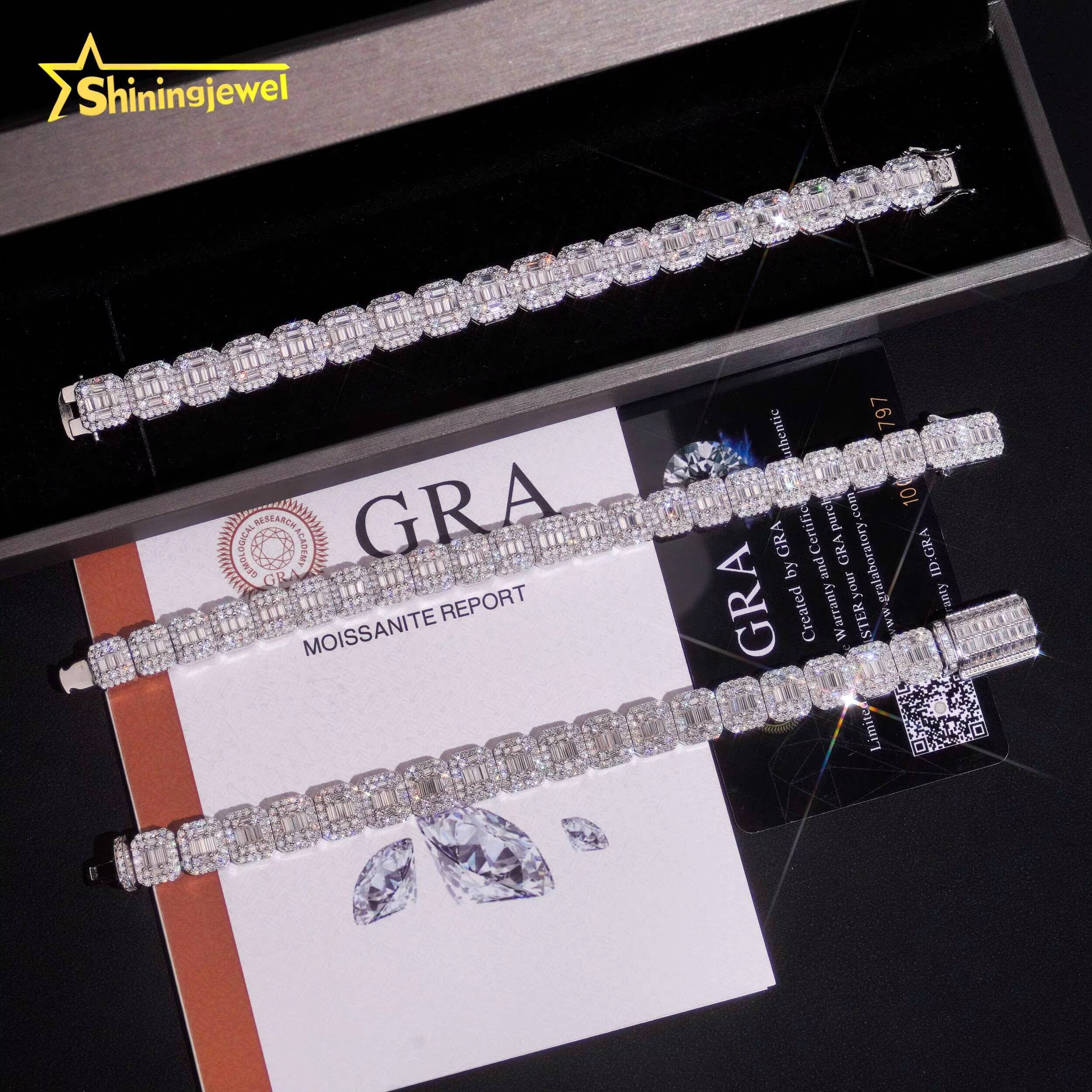3 Styles Fashion Men 10mm Baguette Cut VVS Moissanite Solid 925 Silver Hip Hop Jewelry Iced Out Cuban Link Chain Bracelet