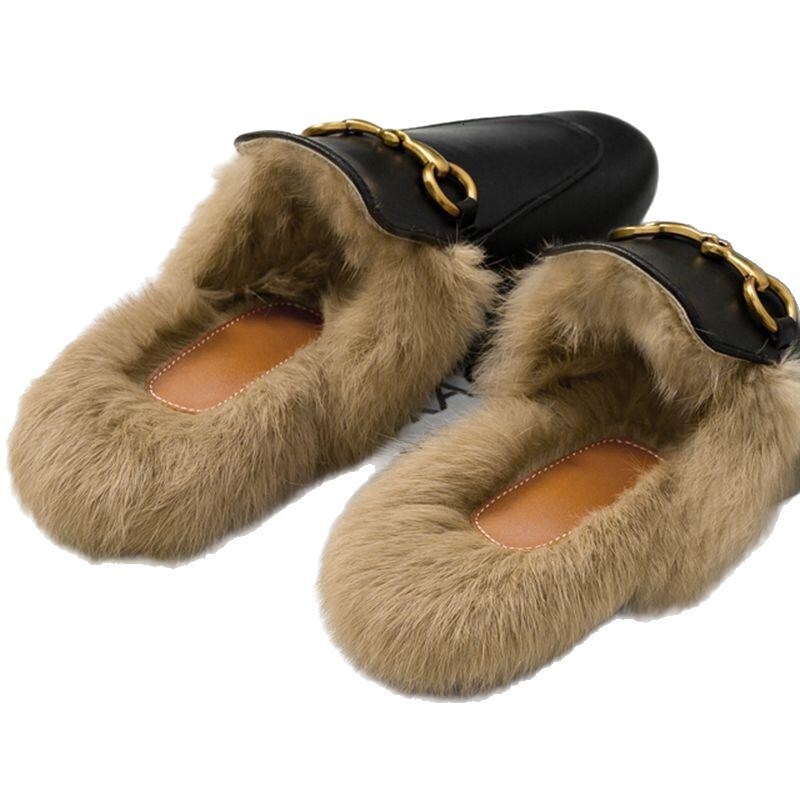 Women's Fuzzy Lined Leather Mules, Metal Buckle Backless Warm Slip-On Winter Flats