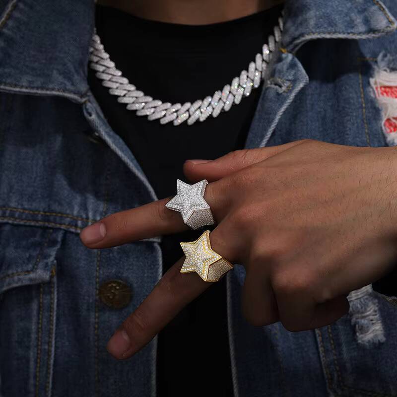 Hip Hop Fashion S925 Sterling Silver Wedding Ring for Men VVS D Color Moissanite with Five-Pointed Star Iced Style