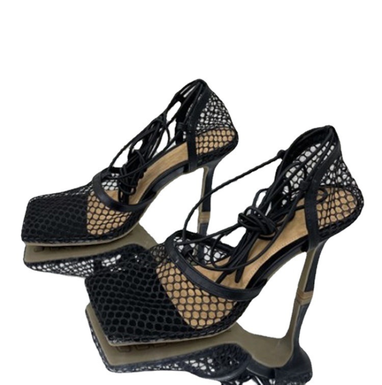 Women Mesh Fishnet High Heel Sandals, Square Toe Ankle Lace Up Strap Stiletto Heel Party Dress Pumps Shoes