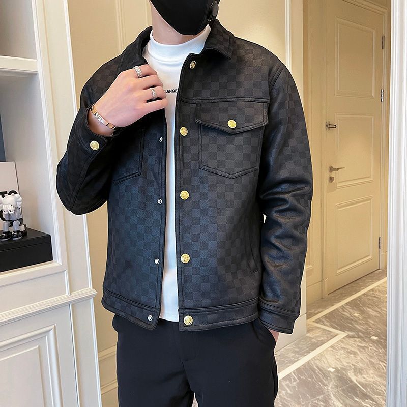 Designer England Style Men's Lapel Jacket, 100% Cashmere Black Checkerboard Coat, Long Sleeve Covered Button, Peter Pan Collar, Daily Outfit - view 3