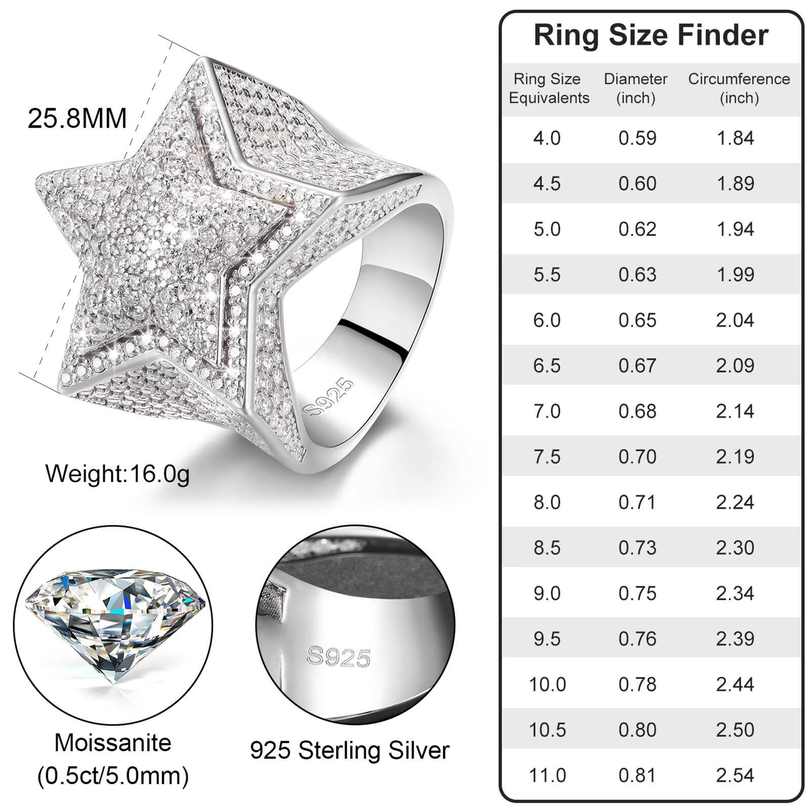 Pass Diamond Tester Moissanite Star Ring Gold Plated 925 Sterling Silver VVS Mossanite Iced Out Hip Hop Jewelry for Men Women