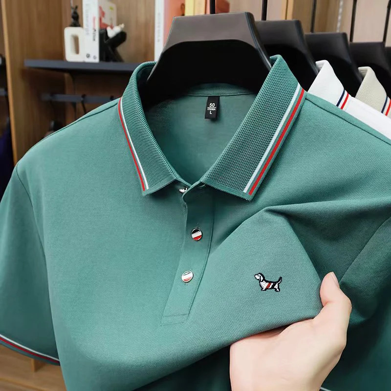 y Man ShortSleeved Polo Shirt Lapel Button SilkContaining Dog Embroidery British Style TShirt Outdoor Leisure Mens Wear 260410