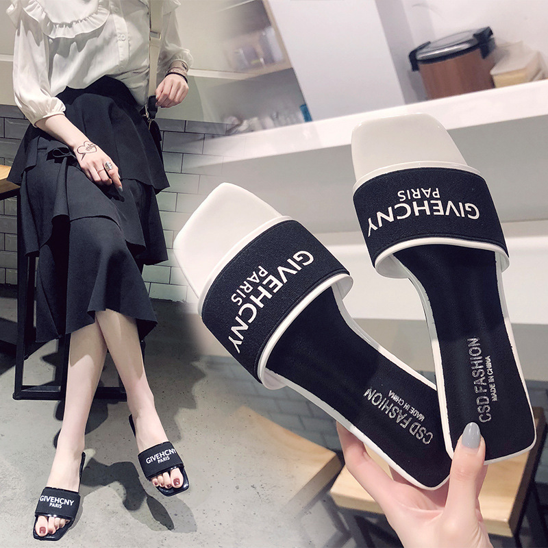 Women's Letter Print Heeled Slides Fashion Slip-on Dress Sandals Korean-style letter print flat summer outdoor wear slip-on sandals for beach