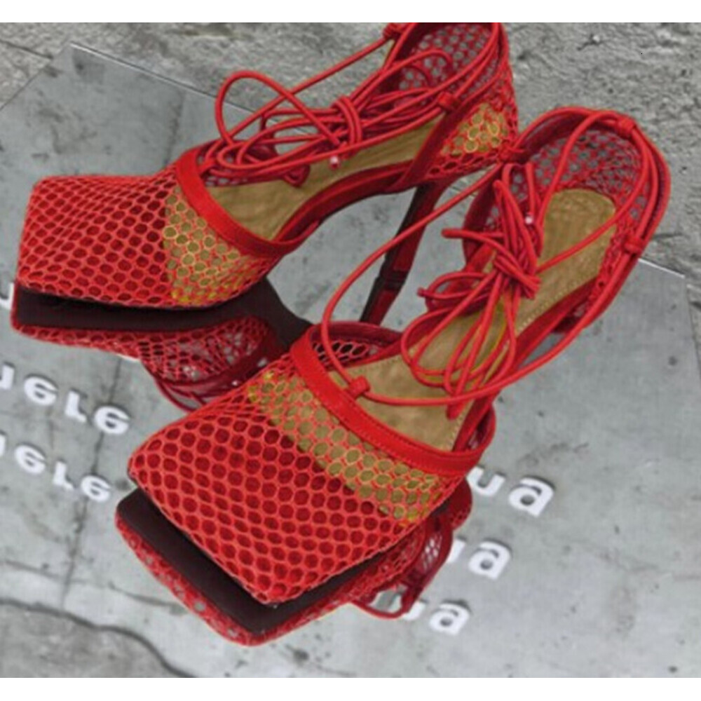 Women Mesh Fishnet High Heel Sandals, Square Toe Ankle Lace Up Strap Stiletto Heel Party Dress Pumps Shoes