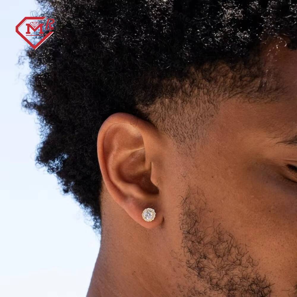 Luxury Silver 925 Yellow Gold Plated Stud Earrings Screw Back Iced Out Round Moissanite Earrings for Men