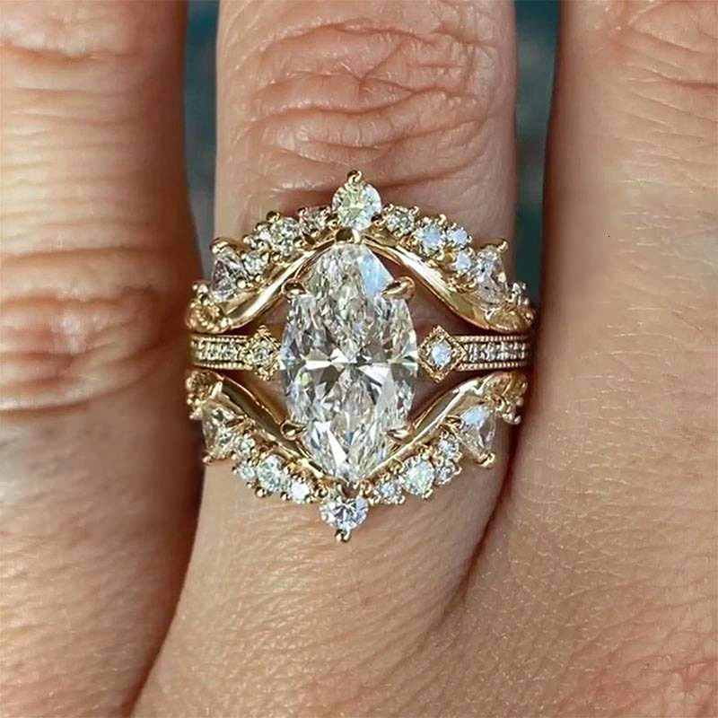 Huitan Gorgeous Marquise Cut Ring for Women 3PcSet Elegant Accessories Female Finger Jewelry Wedding Ceremony Party 260409 - view 4