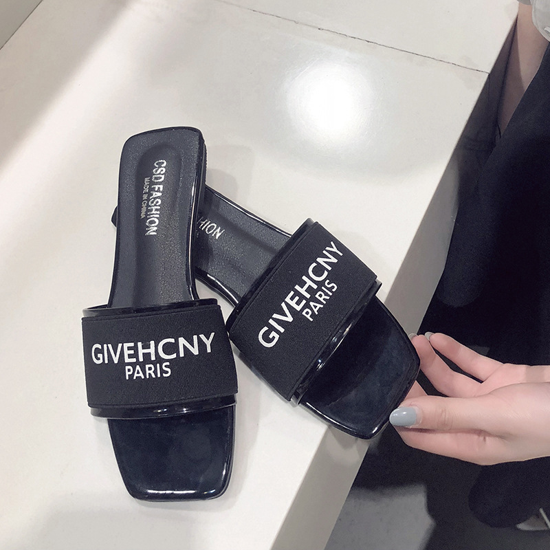 Women's Letter Print Heeled Slides Fashion Slip-on Dress Sandals Korean-style letter print flat summer outdoor wear slip-on sandals for beach