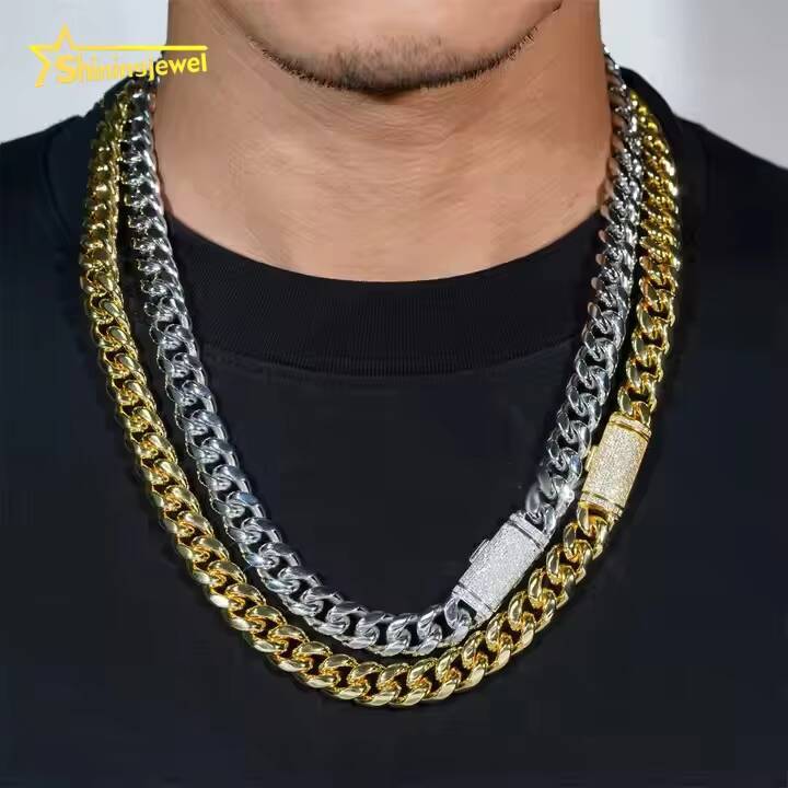 PVD Plated 14MM 316L Stainless Steel Cuban Chains 925 Silver VVS Moissanite Lock Fashion Men Hip Hop Necklace Bracelet