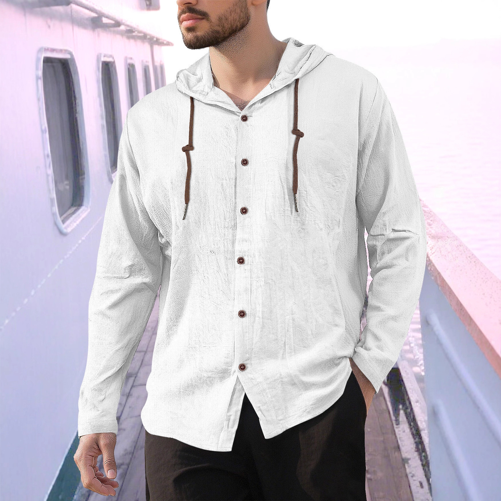 Luxury Brand Designer Men Cotton Linen Hooded Long Sleeve Casual Loose Beach Shirt Fashion Versatile Streetwear Comfortable Stylish Breathable Trendy