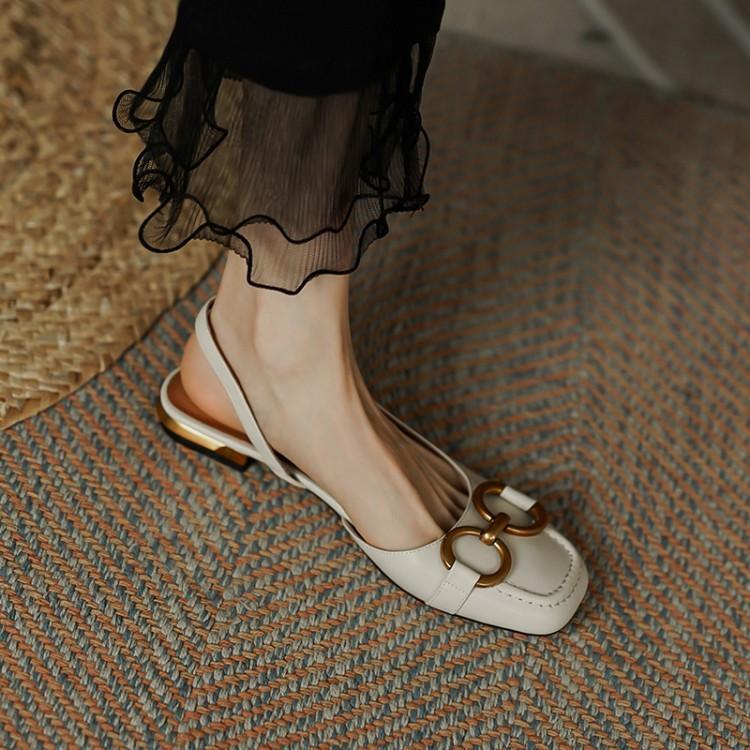 Women's Metal Buckle Slingback Flats Square Toe Closed-Toe Dress Soft Leather Sandals Horsebit Buckle Summer New Retro French Style - view 9
