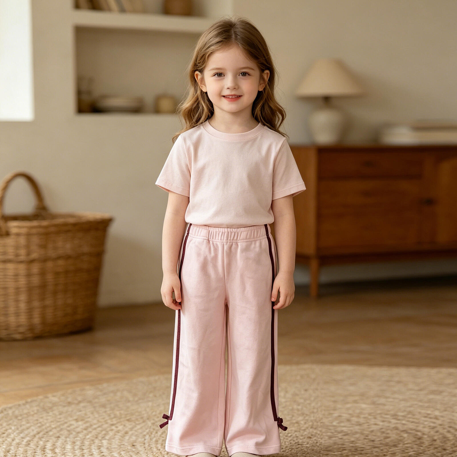 Kids Girls Soft Fleece Pants with Side Stripe & Bow Detail, Casual Elastic Waist Trousers for Toddler