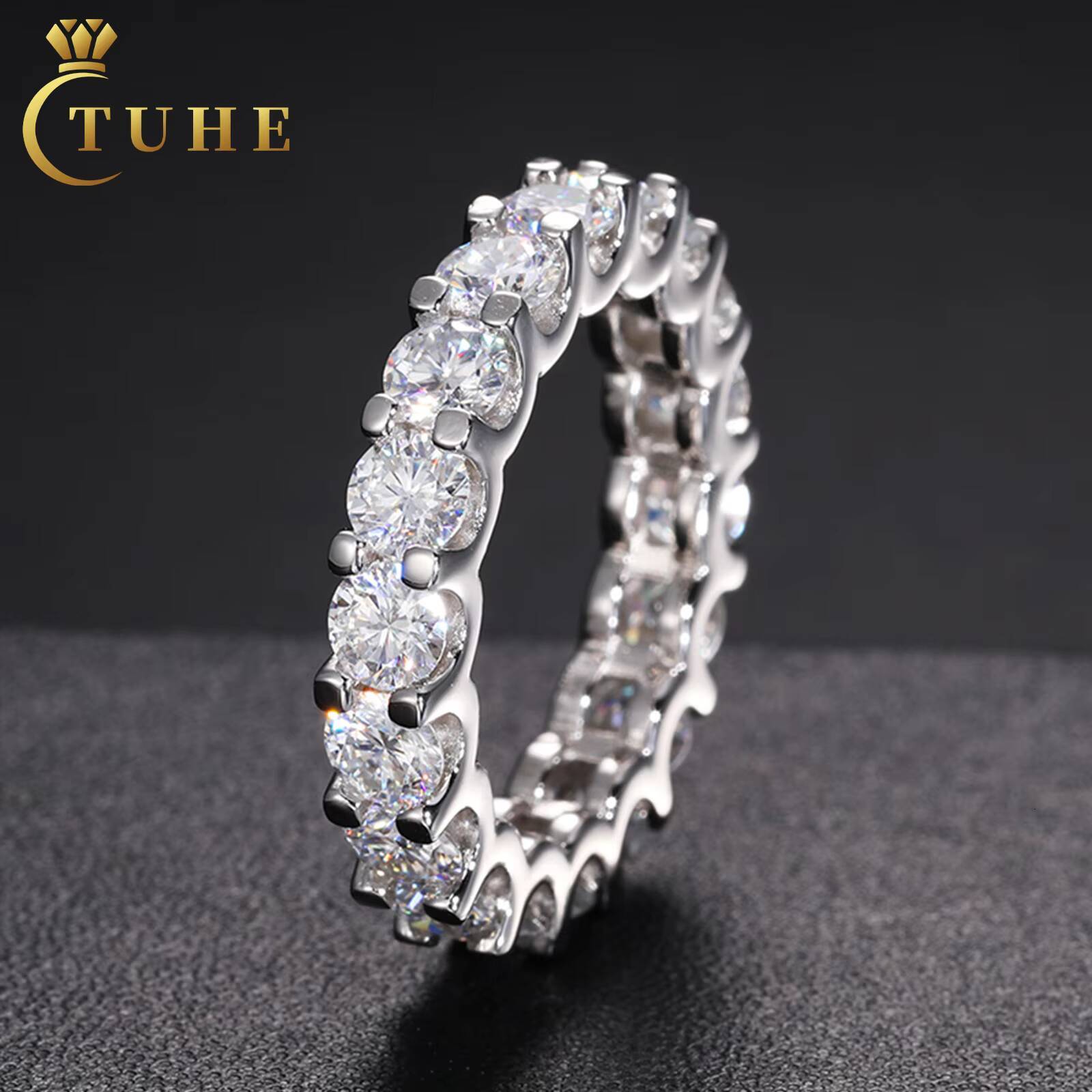 Luxury Engagement Jewelry Gold Plated 925 Sterling Silver 4mm VVS Moissanite Diamond Eternity Band Wedding Ring for Men Women