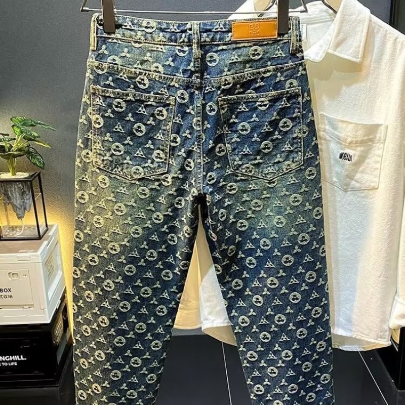 luxury brand designer highend jacquard denim pants for men new arrivals in autumn and winter high street style loose and straight fit casual wideleg l