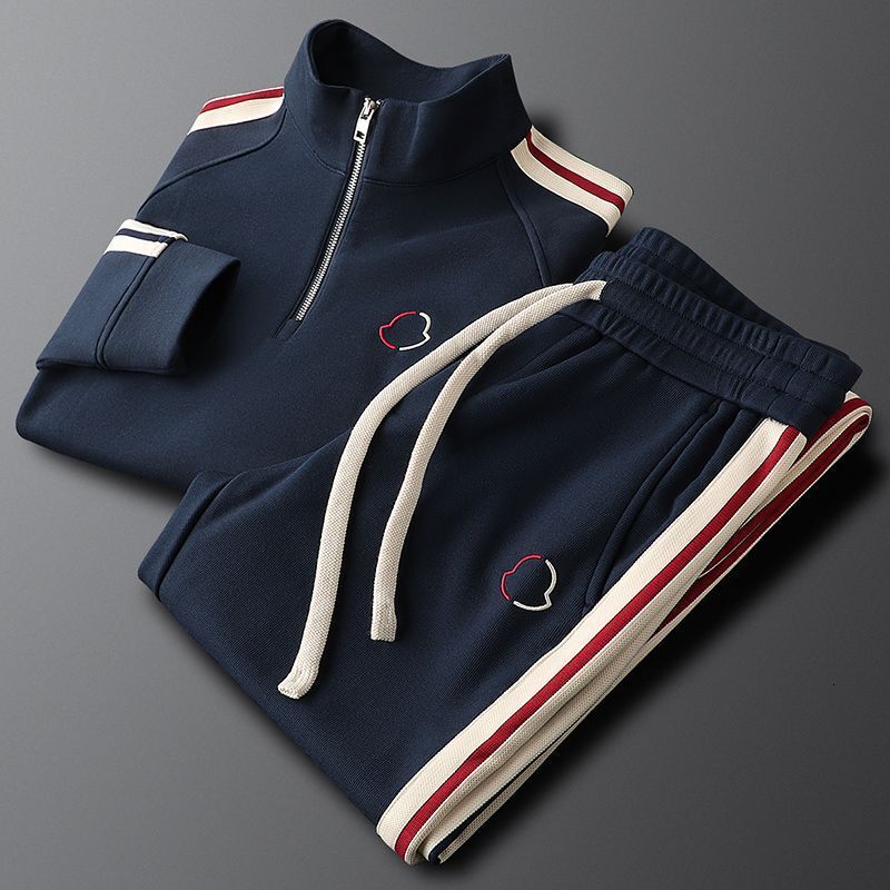 luxurious brand designer stylish loose striped casual standup collar mens hoodie set with versatile mens pants twopiece set