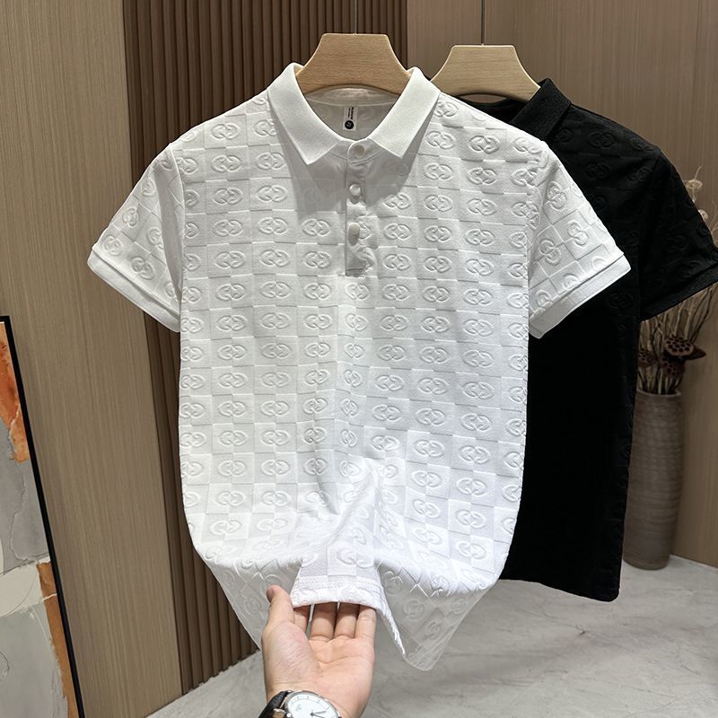 designer Tees 2026 Men's Luxury Monogram Embossed Polo Shirt Casual Slim Fit Short Sleeve Button Placket Top