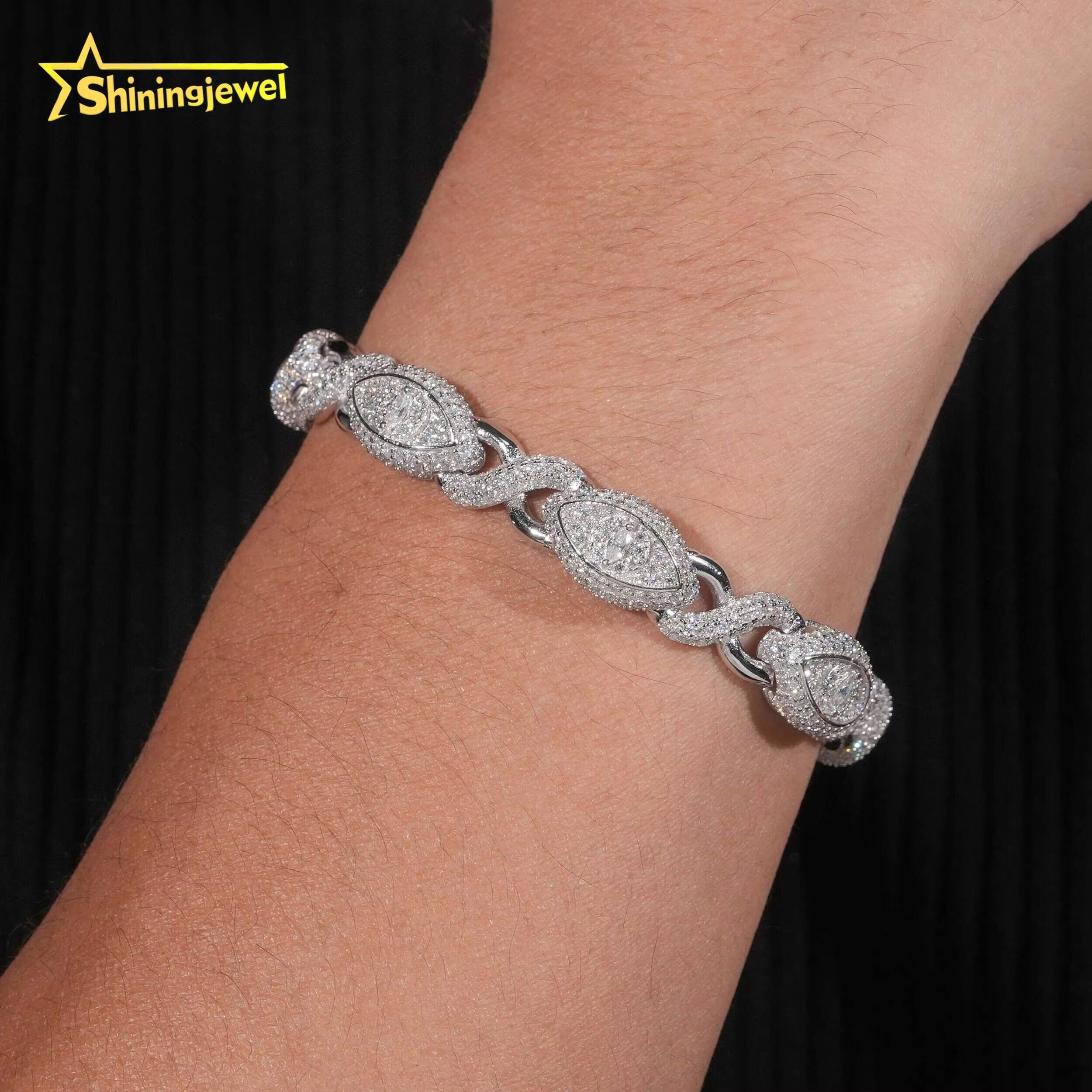 925 Silver Moissanite Cuff Bracelet for Unisex Fashion Diamond Cut Cuban Chain Iced Out Silver Hip Hop Jewelry