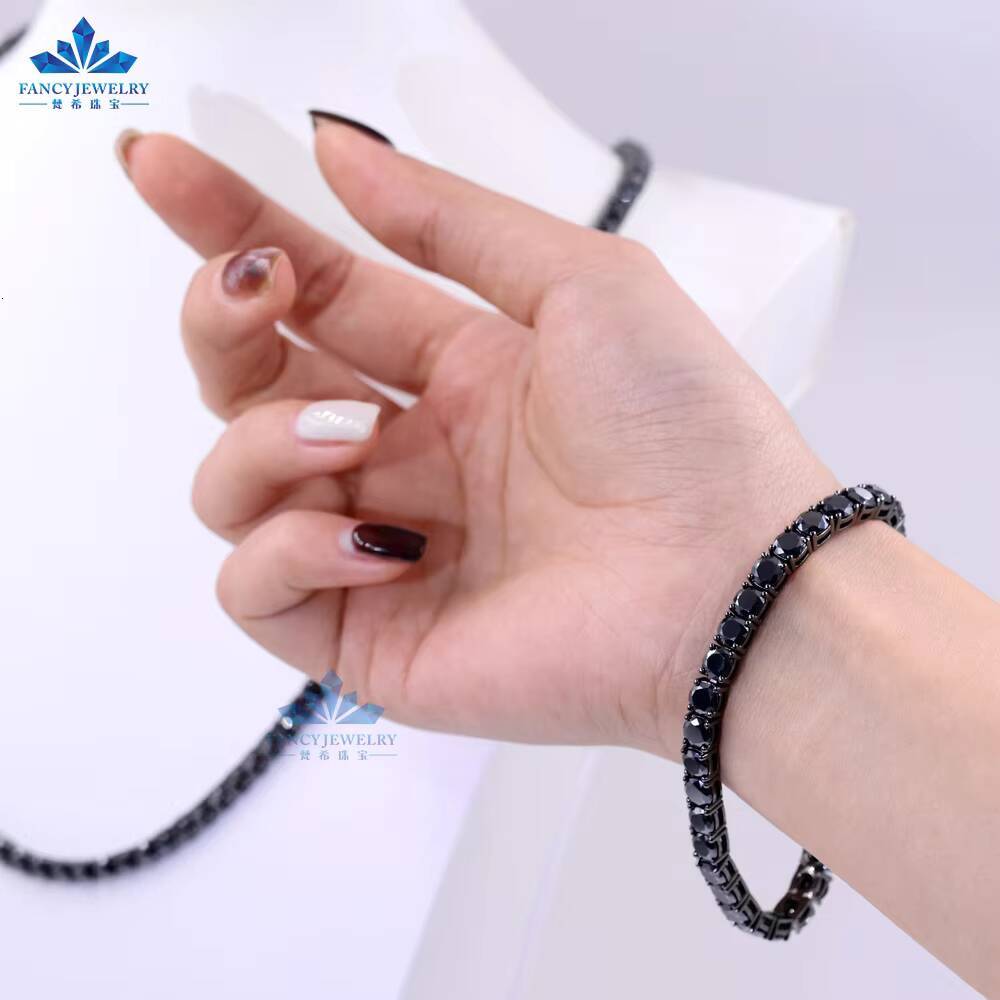 Fancy Jewelry Iced Out Tennis Chain Necklace 925 Sterling Silver Diamond 4mm Black Moissanite Tennis Chain