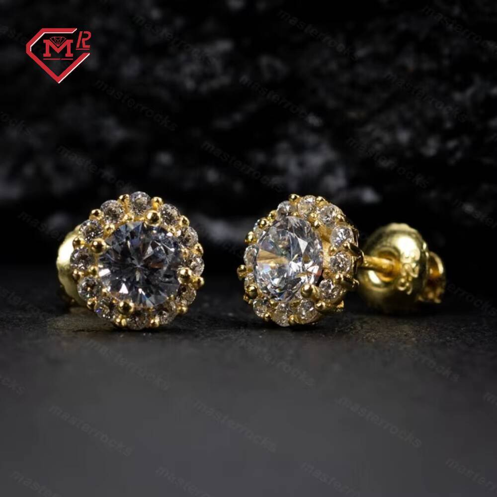 Luxury Silver 925 Yellow Gold Plated Stud Earrings Screw Back Iced Out Round Moissanite Earrings for Men