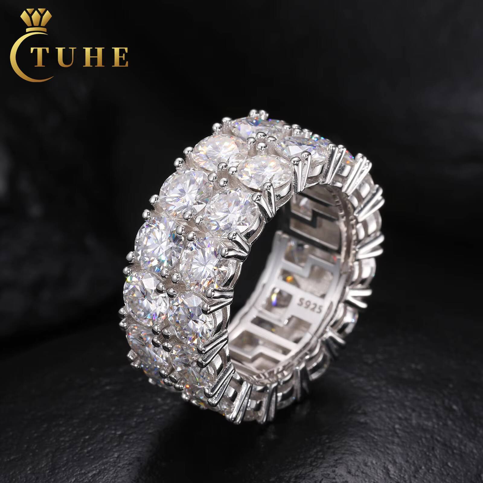 2 Rows 5mm VVS Moissanite Wedding Band Ring Luxury Jewelry Gold Plated 925 Sterling Silver Diamond Hip Hop Ring for Men