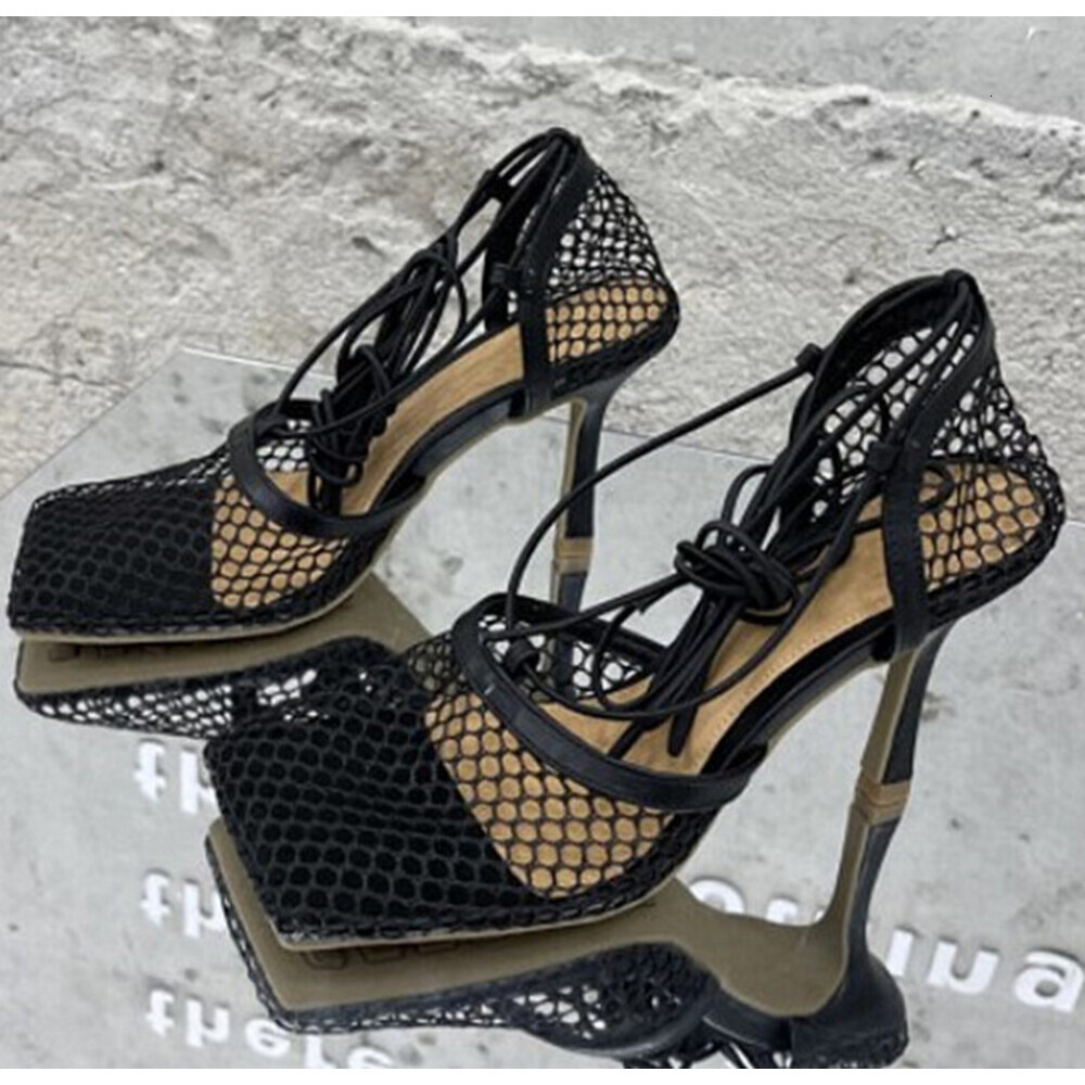 Women Mesh Fishnet High Heel Sandals, Square Toe Ankle Lace Up Strap Stiletto Heel Party Dress Pumps Shoes