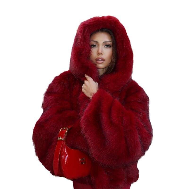 Solid Color Hooded Faux Fur Coat for Women Warm Comfortable Eye-Catching Fashion Winter Outerwear European American Cross-Border Trendy MAKOUFEI