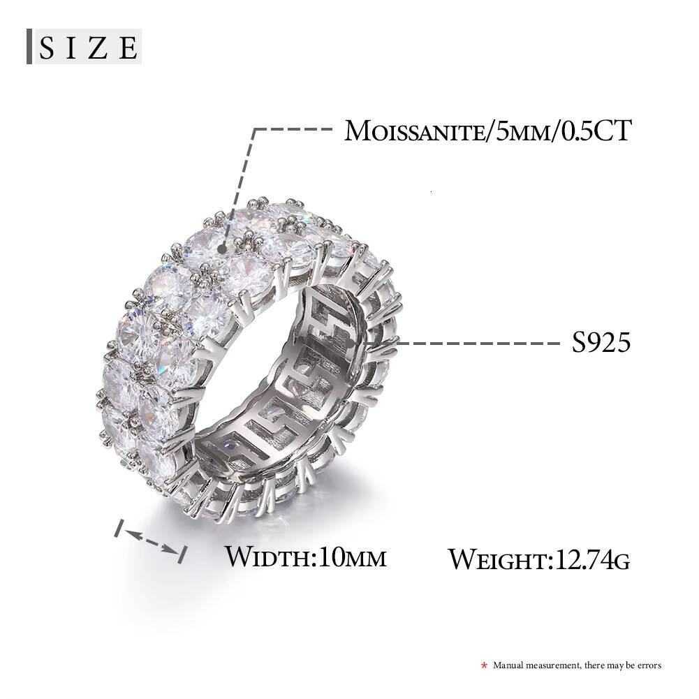 2 Rows 5mm VVS Moissanite Wedding Band Ring Luxury Jewelry Gold Plated 925 Sterling Silver Diamond Hip Hop Ring for Men