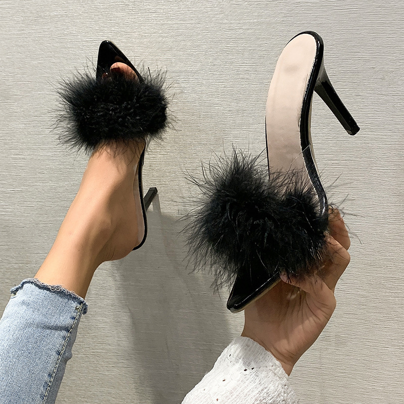 New European And American Style Plus-Size Pointed-Toe High-Heeled Slippers For Women, With Thin Heels, Fashionable Furry Open-Toe Fashion Sandals