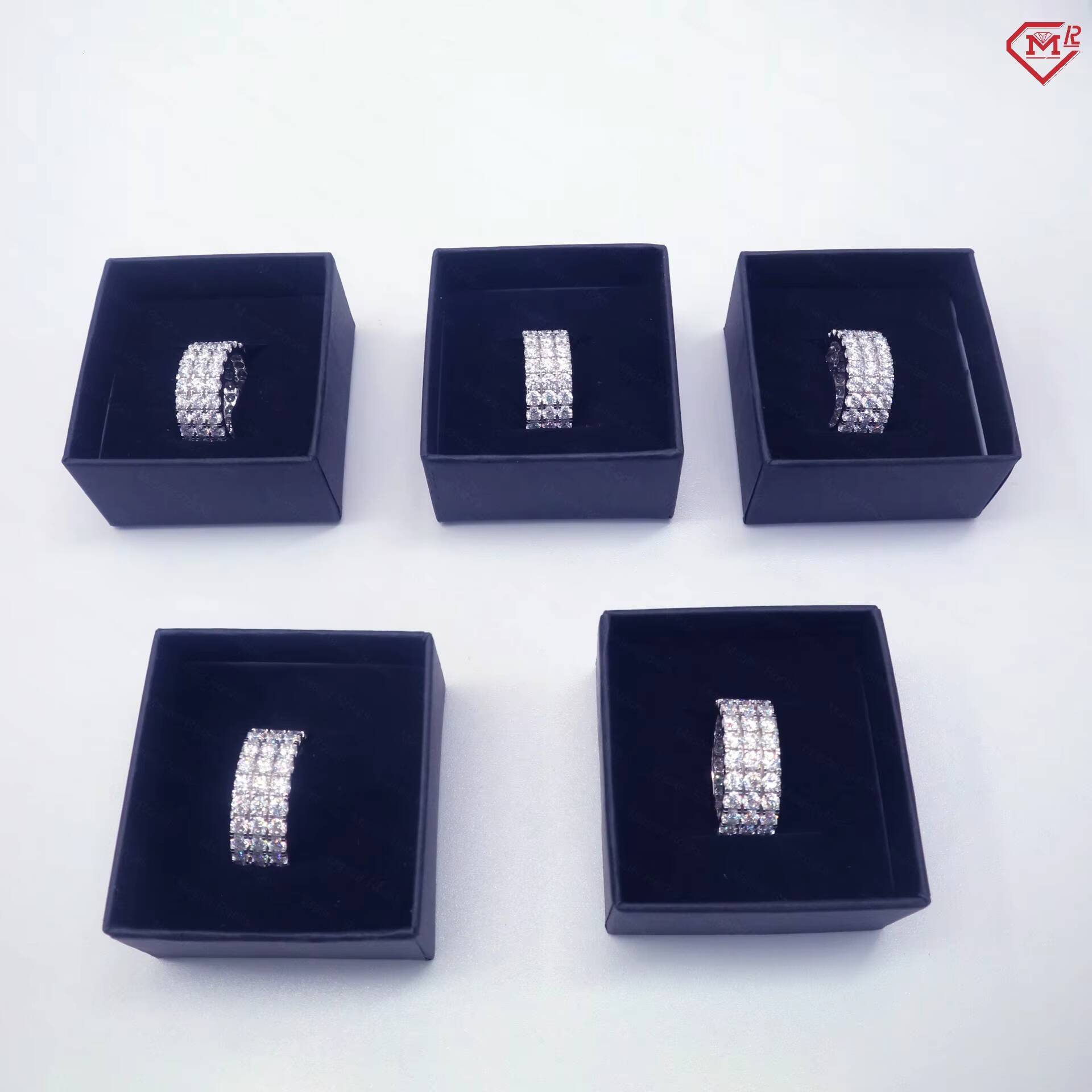 Wholesale Moissanite Ring Men 3 Rows Pass Test Diamond Pave Setting Hiphop Eternity Band 925 Silver Moissanite Ring