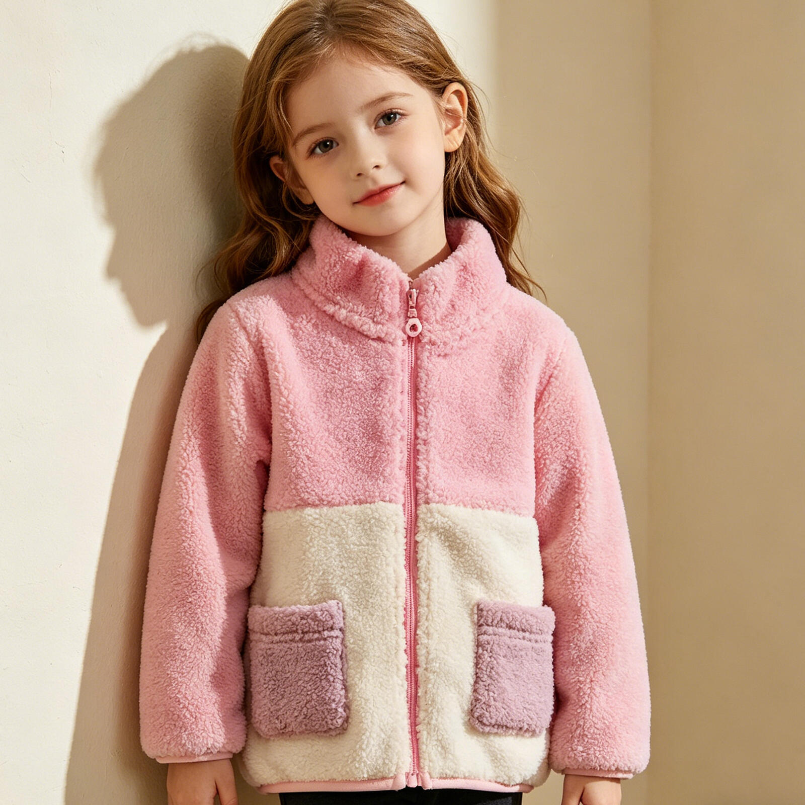 Baby Girls Color Block Sherpa Jacket, Pink & Beige Fleece Zip-Up Coat with Pockets
