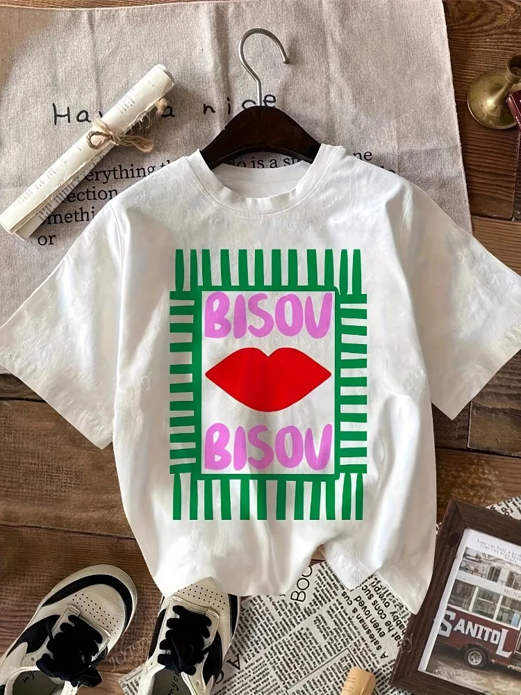 Womens Casual ShortSleeve TShirt Summer Top BISOU Bold Lip Print and Striped Pattern Everyday Wear n 260418