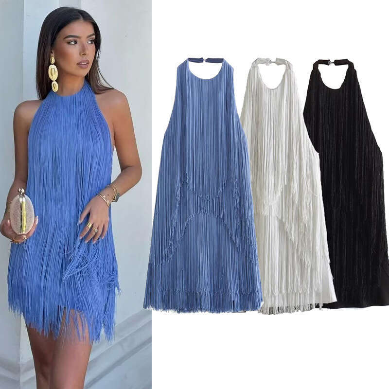 Wholesale Women's Summer Halter Neck Sleeveless Tassel Mini Dress Elegant Fashion Casual Party Dress for Cross-Border MAKOUFEI