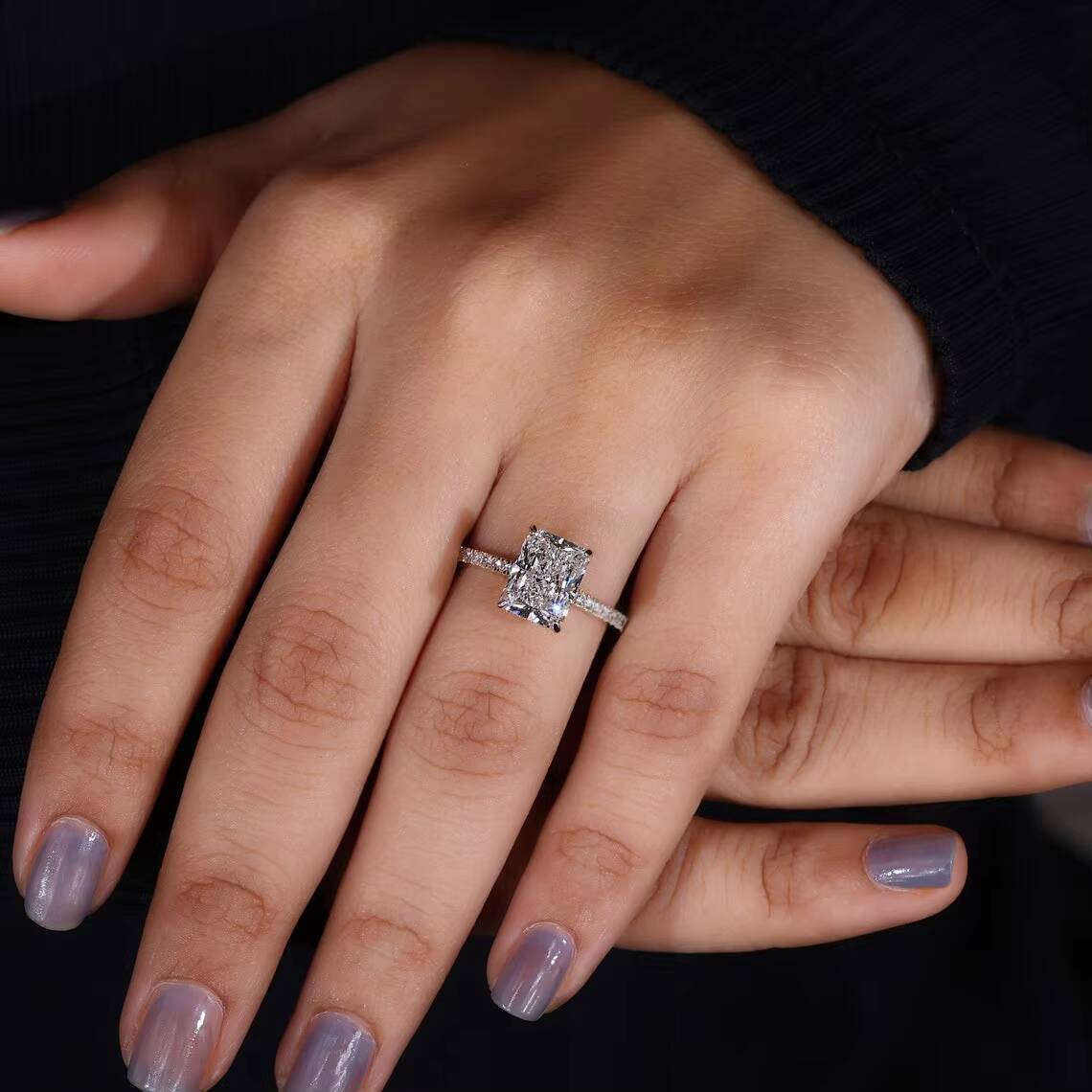 Custom 1-3 CT Radiant Cut CZ Diamond Engagement Ring 925 Sterling Silver Trendy Hidden Halo Design Pave Setting Wedding Band