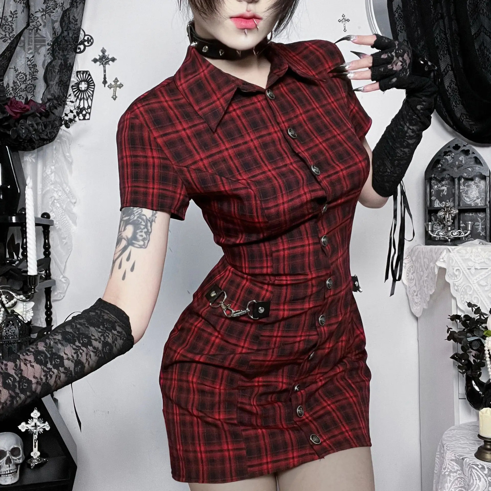 Summer American Dark Gothic Punk Dress Casual Short Sleeve Single Breasted Plaid Mini Harajuku Fashion Y2K 260414