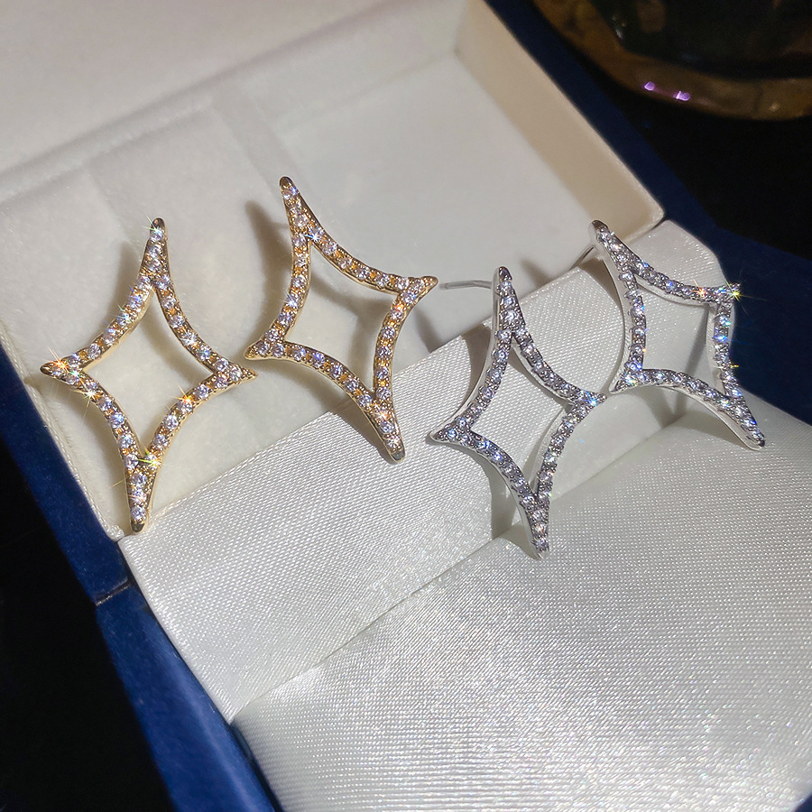 18k real gold plated silver needle zircon diamond-shaped star light luxury and elegant earrings, niche high-end earrings for women - view 3