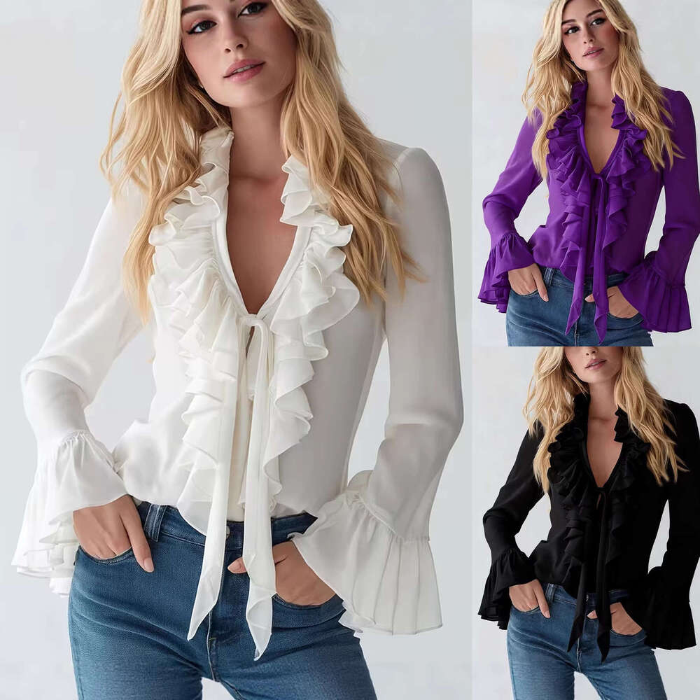 2026 New Spring French Elegant Ruffled Blouse Women's Solid V-Neck Bubble Sleeve Fashion Casual Shirt for Amazon MAKOUFEI