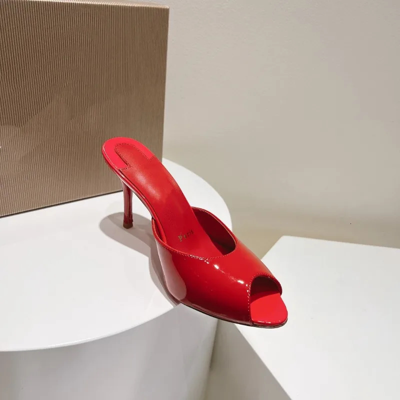 patent leather nude high heels stiletto round head opentoed fish mouth shoes sexy outer slippers muller 260418