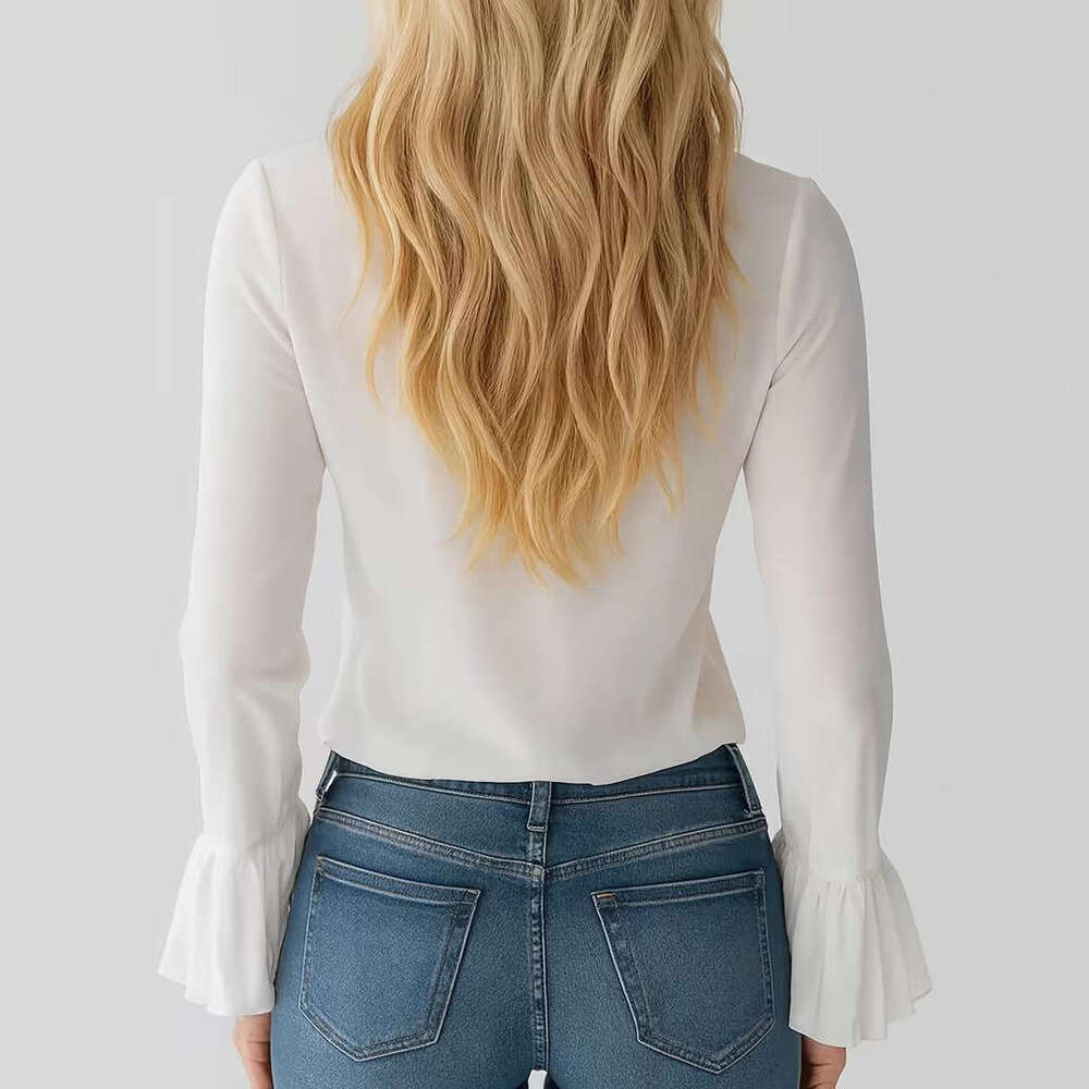 2026 New Spring French Elegant Ruffled Blouse Women's Solid V-Neck Bubble Sleeve Fashion Casual Shirt for Amazon MAKOUFEI