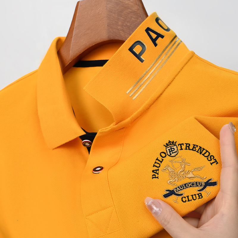 Luxury Brand Designer Summer Men's Polo Shirt With Satin Finish, Embroidered Cotton Collar, Business Casual Dad-style Casual Wear, Large Size Sho