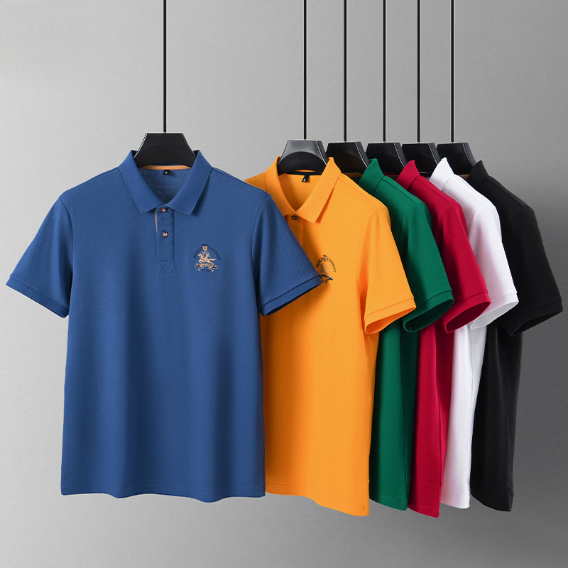 Luxury Brand Designer Summer Men's Polo Shirt With Satin Finish, Embroidered Cotton Collar, Business Casual Dad-style Casual Wear, Large Size Sho