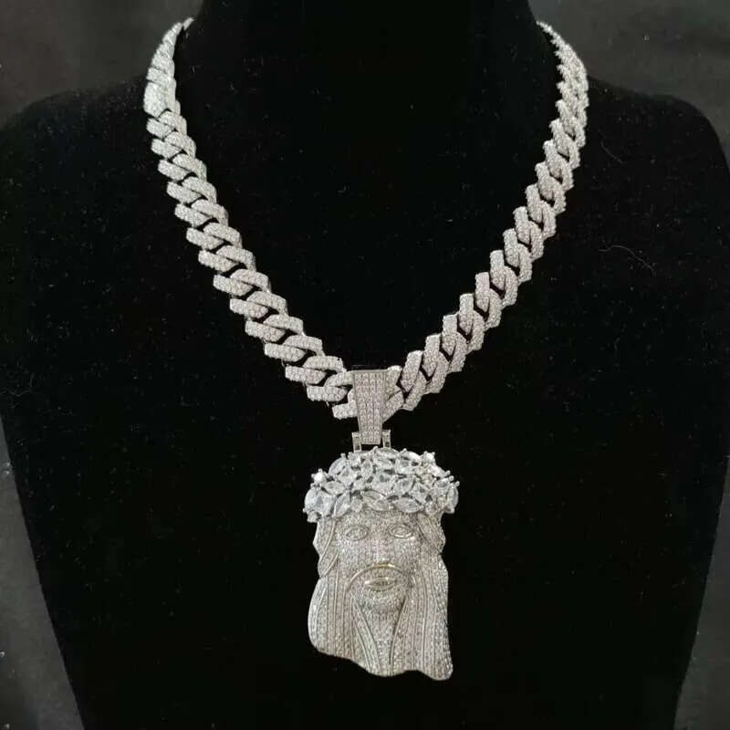 Iced Out Big Size Gold Plated Brass 5A CZ Dia Jesus Head Pendant Necklace With 13mm Cuban Link Chain for Men aaa