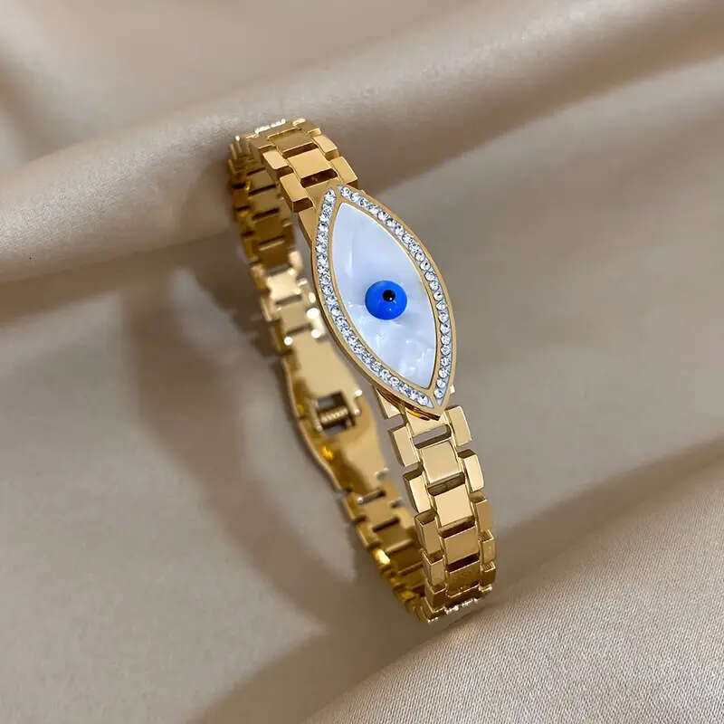 Bracelet New Stainless Steel Hollowed Out Watch Pattern Blue Devil S Eye Gold Open Bracelet Ins Style Temperament Personality Luxury Jewelry Designer  - view 4